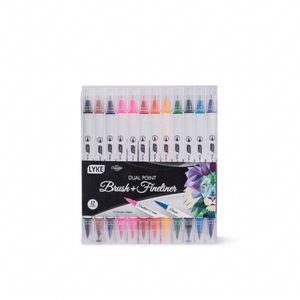 Caneta Lyke Dual Point Brush + Fineliner C/ 12 Cores